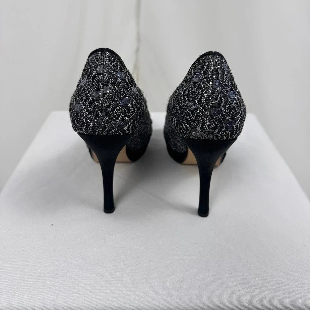 Caparros Peep Toe Heels Women 7B Black Silver Lace Sequin Sparkle Leather Sole